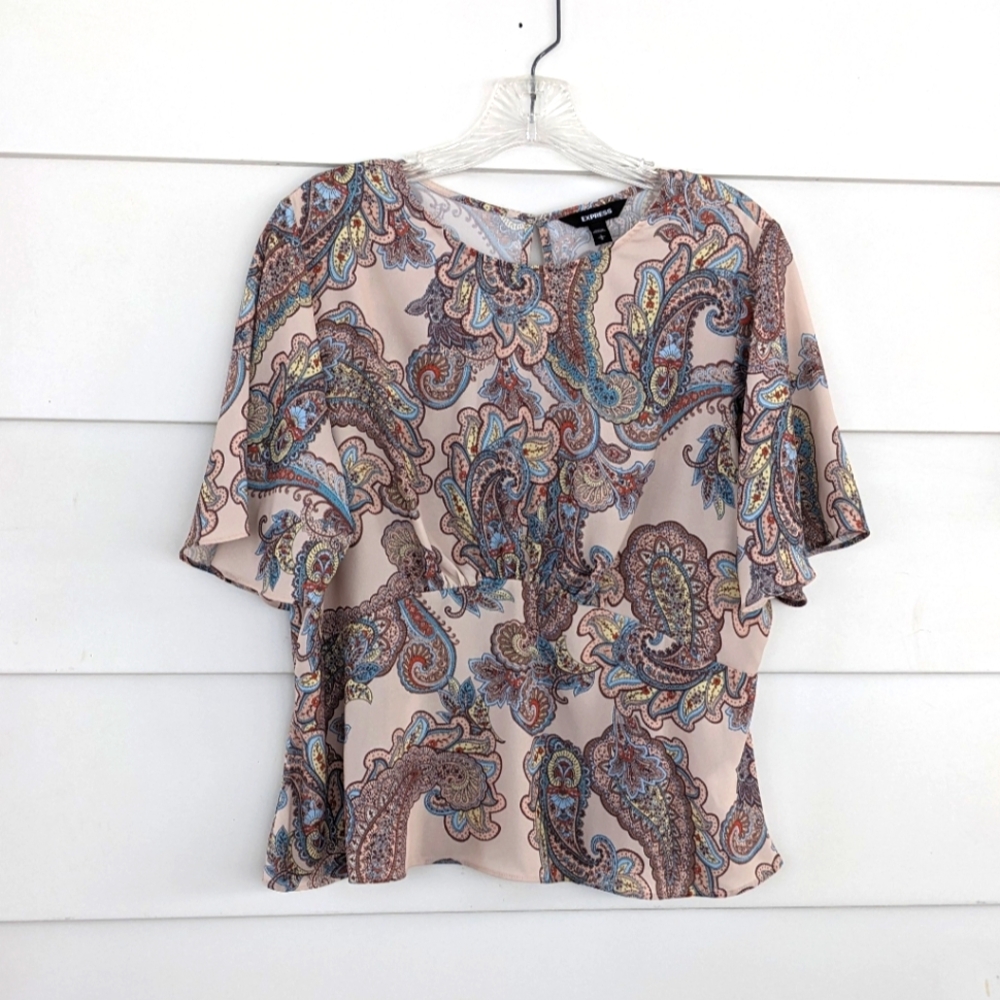 Express Paisley Print Women's Flutter Sleeve Blouse Top, Large